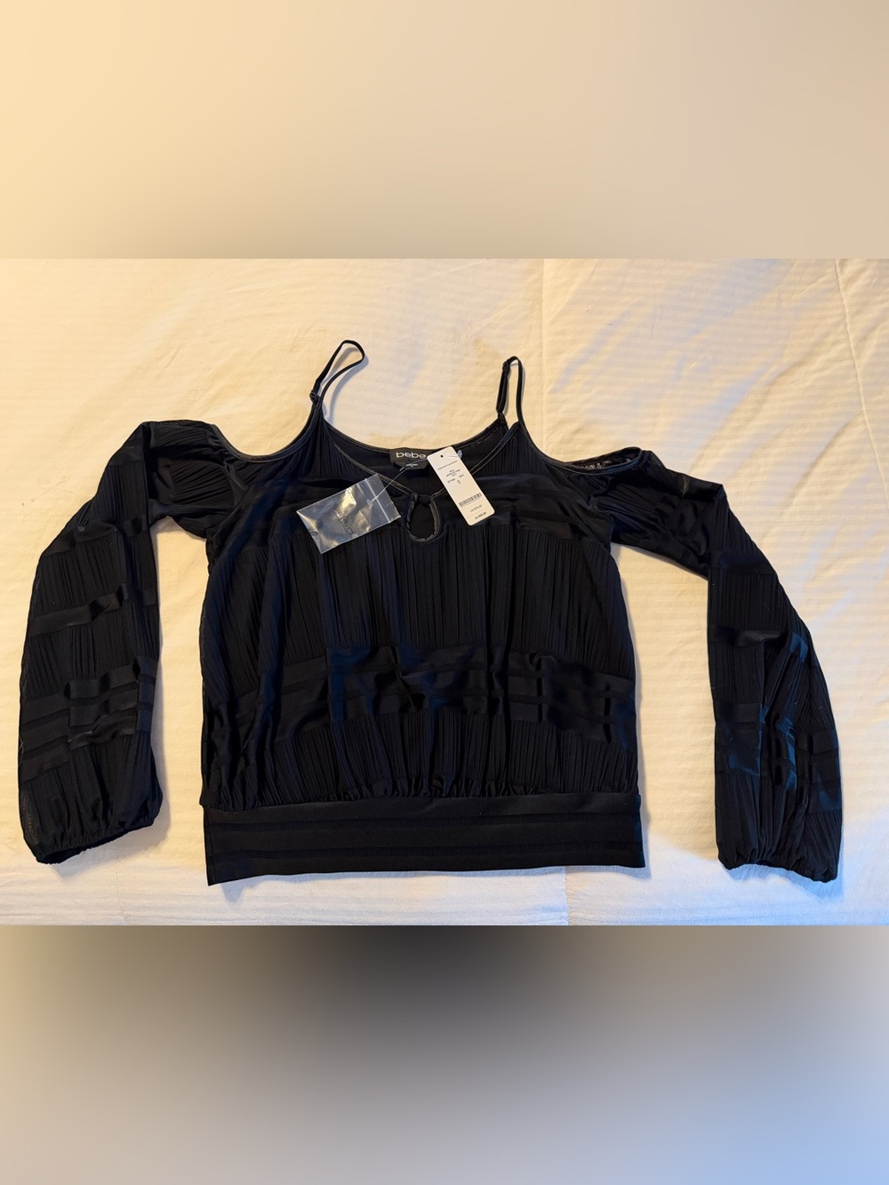 bebe Black Cold-Shoulder Pleated Camisole with Keyhole